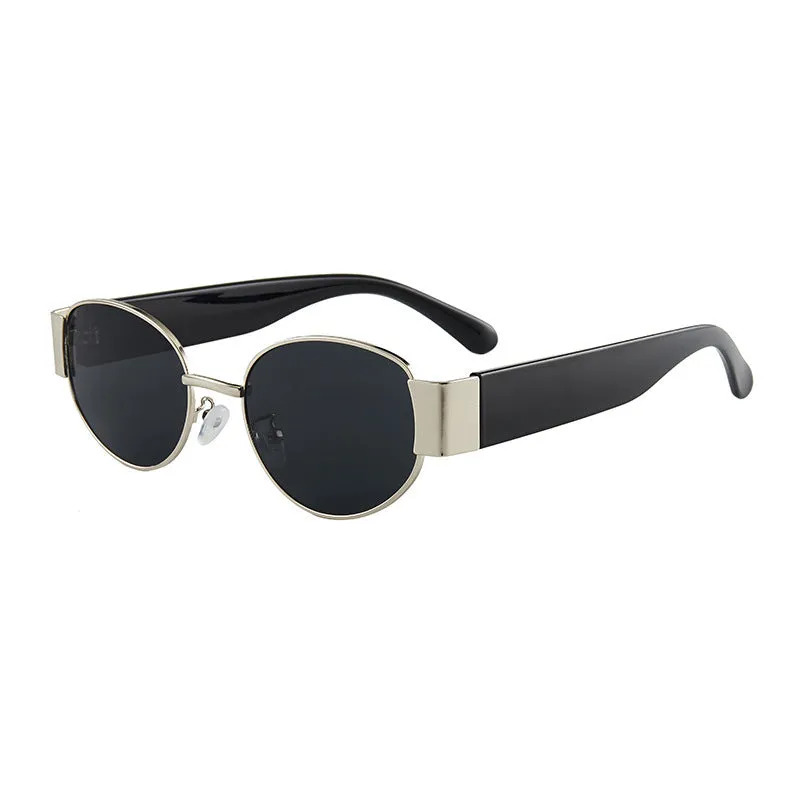 Trendy small frame round sunglasses with UV400 protection, gold frame with gray film lenses, plastic and metal construction