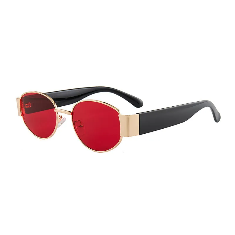 Trendy small frame round sunglasses with UV400 protection, gold frame with gray film lenses, plastic and metal construction