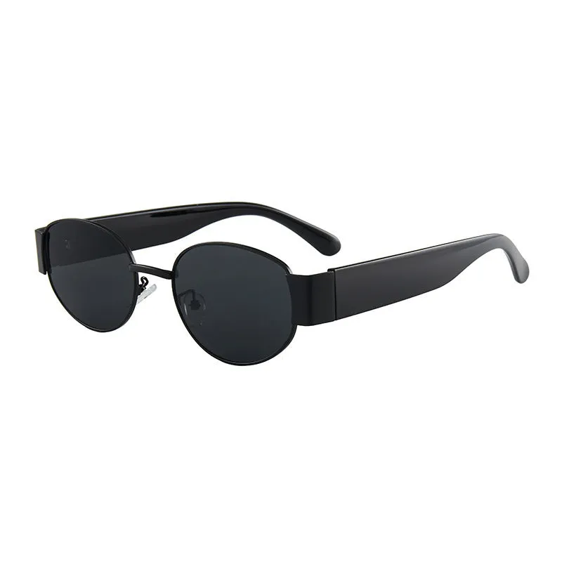 Trendy small frame round sunglasses with UV400 protection, gold frame with gray film lenses, plastic and metal construction
