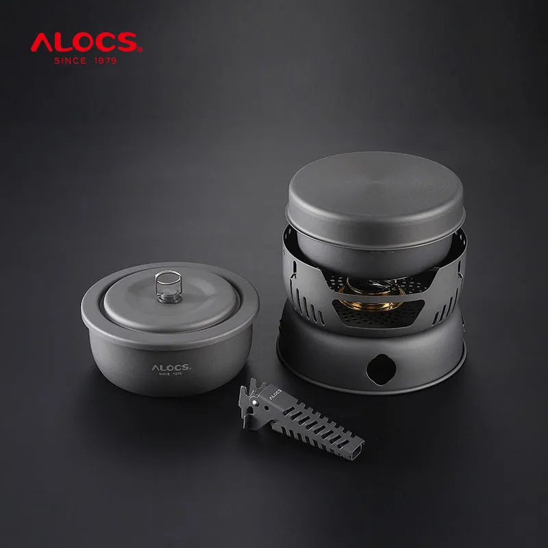 Alocs aluminium camping pot set with foldable handles and nested cooking pots