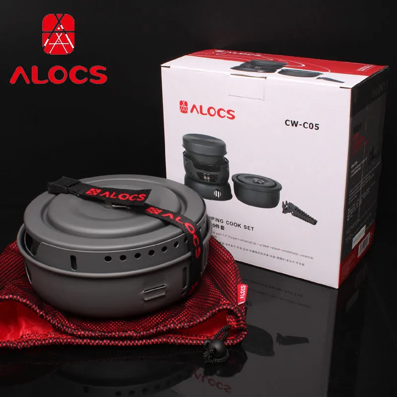 Alocs aluminium camping pot set with foldable handles and nested cooking pots