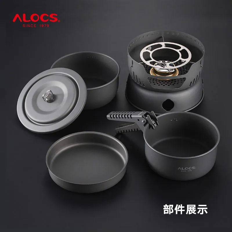 Alocs aluminium camping pot set with foldable handles and nested cooking pots