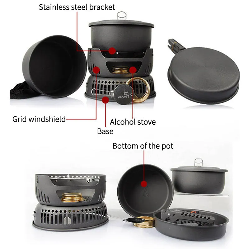 Alocs aluminium camping pot set with foldable handles and nested cooking pots