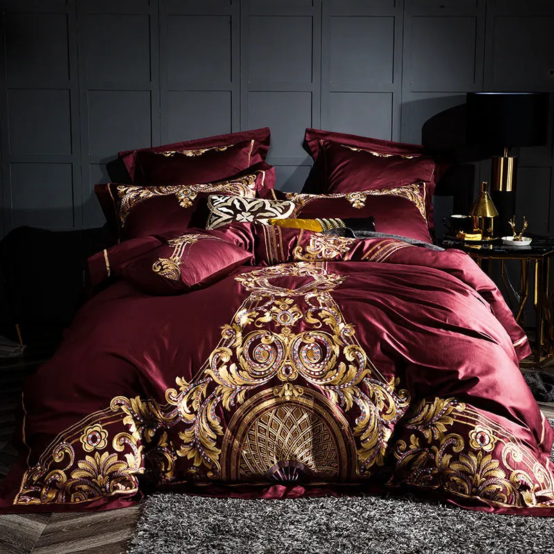 Four-piece cotton embroidery bed set in grey, comprising duvet cover, fitted sheet, and two pillowcases, satin weave finish