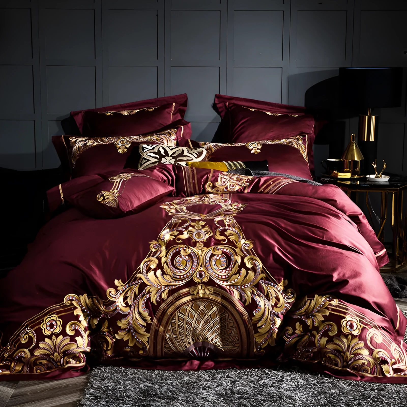 Four-piece cotton embroidery bed set in grey, comprising duvet cover, fitted sheet, and two pillowcases, satin weave finish