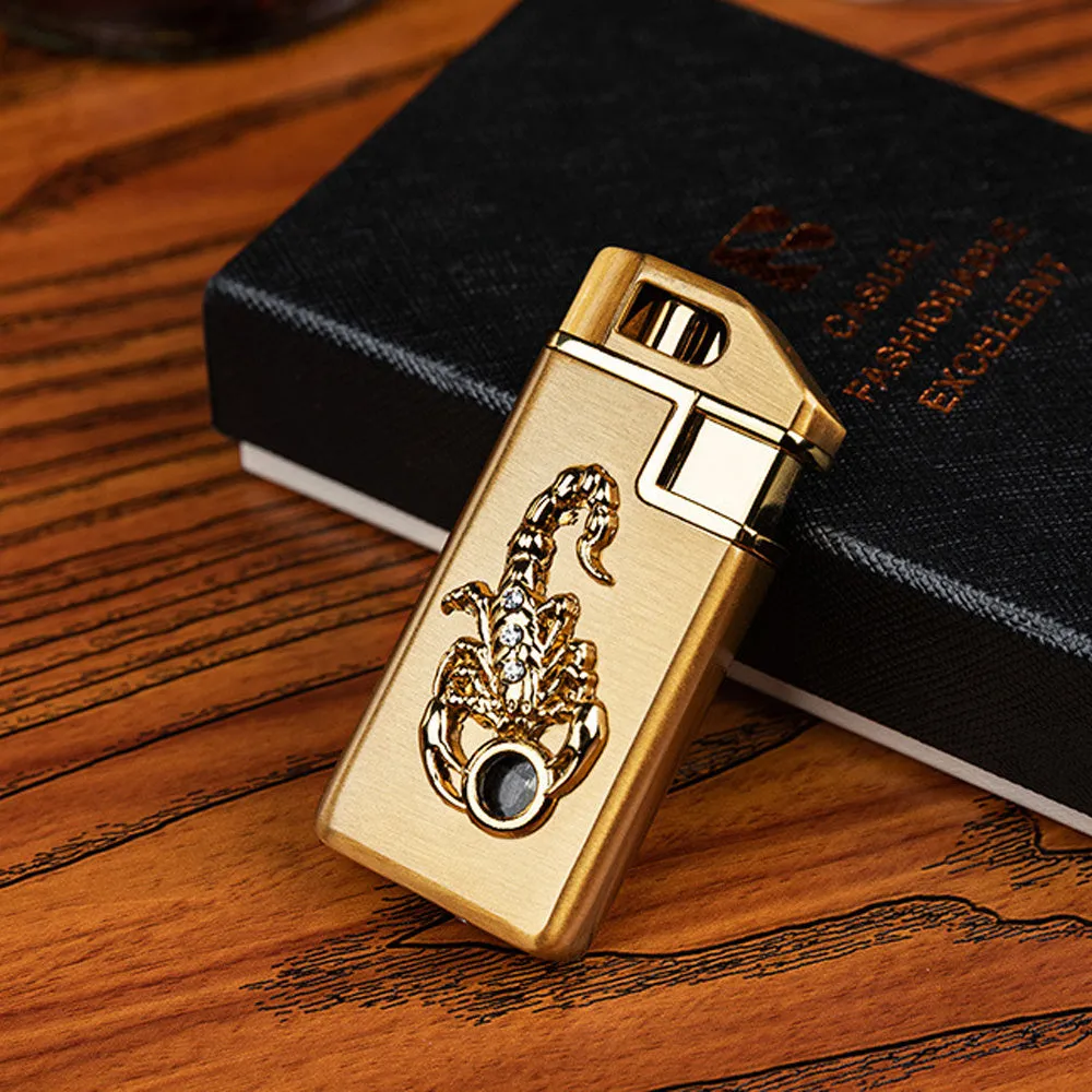 Scorpion chip gas lighter model F284 in gold with metal housing and compact 65mm size