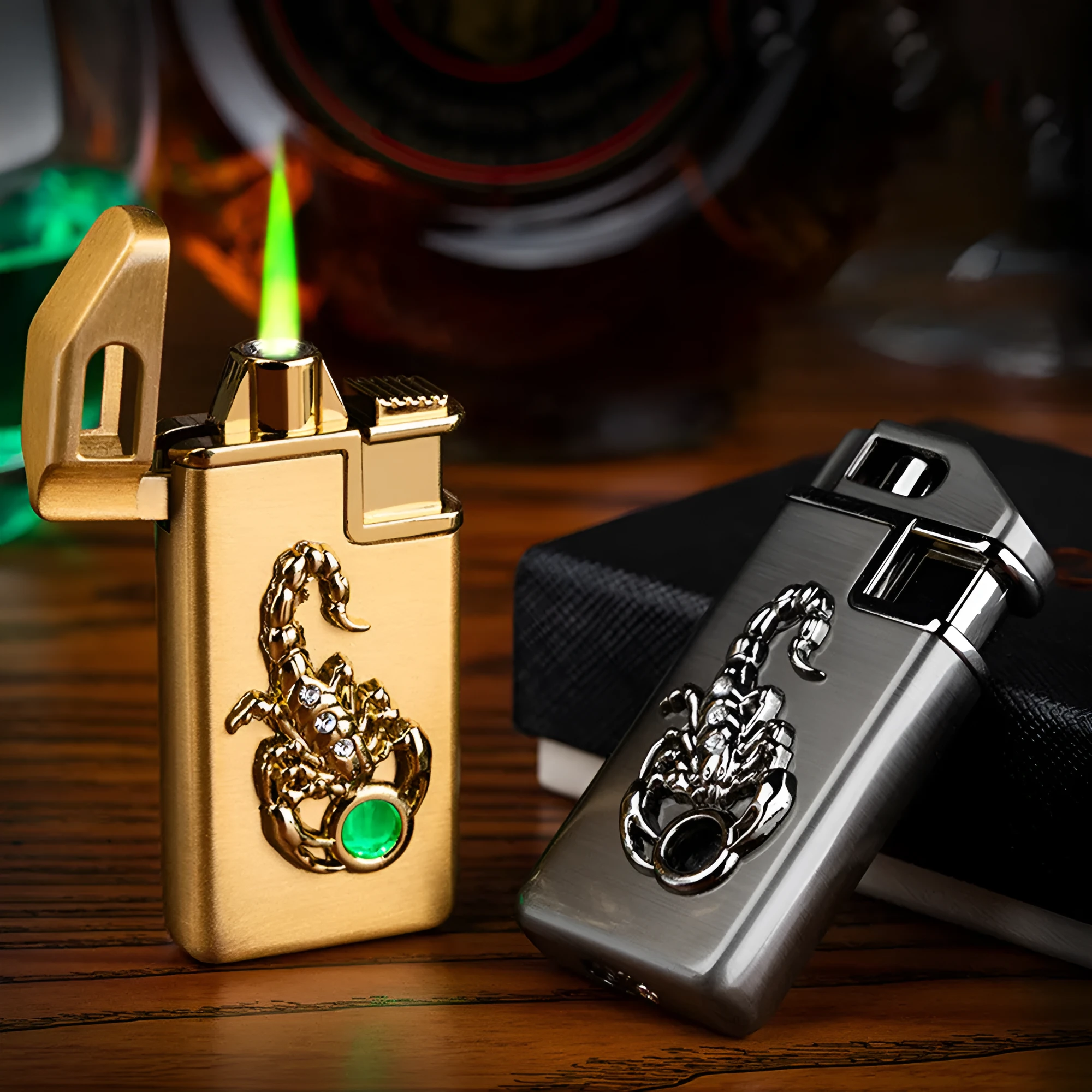 Scorpion chip gas lighter model F284 in gold with metal housing and compact 65mm size