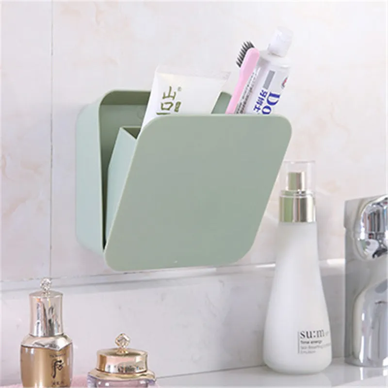 PP plastic paste wall storage box in Nordic blue with adhesive sticker mount, sealed lid, on a clean wall