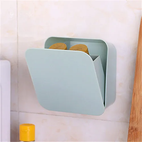 PP plastic paste wall storage box in Nordic blue with adhesive sticker mount, sealed lid, on a clean wall
