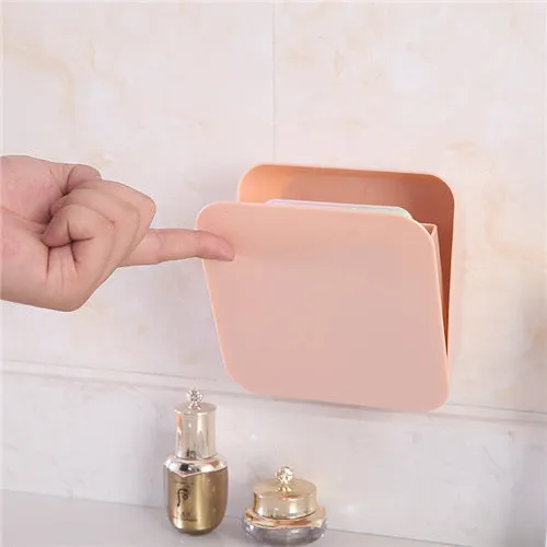 PP plastic paste wall storage box in Nordic blue with adhesive sticker mount, sealed lid, on a clean wall