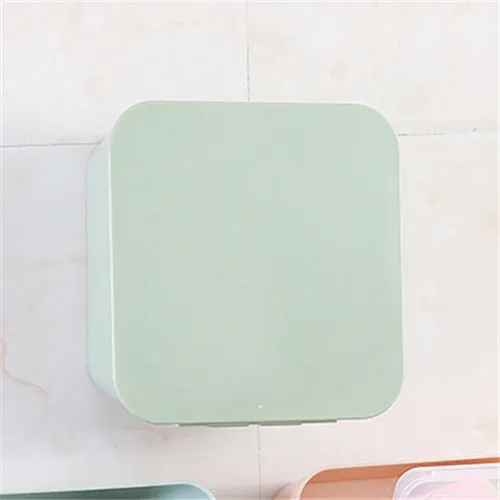 PP plastic paste wall storage box in Nordic blue with adhesive sticker mount, sealed lid, on a clean wall