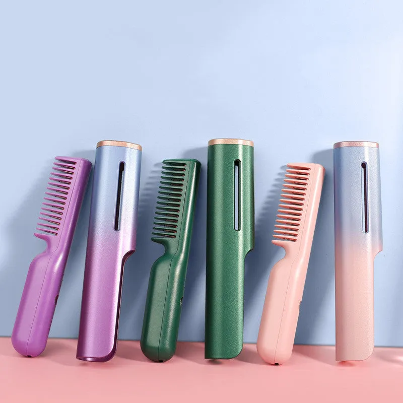 Wireless charging USB negative ion hair straightening comb with tourmaline ceramic heat conductor, 3D gradient green colour