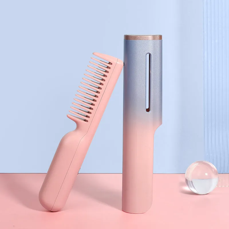 Wireless charging USB negative ion hair straightening comb with tourmaline ceramic heat conductor, 3D gradient green colour