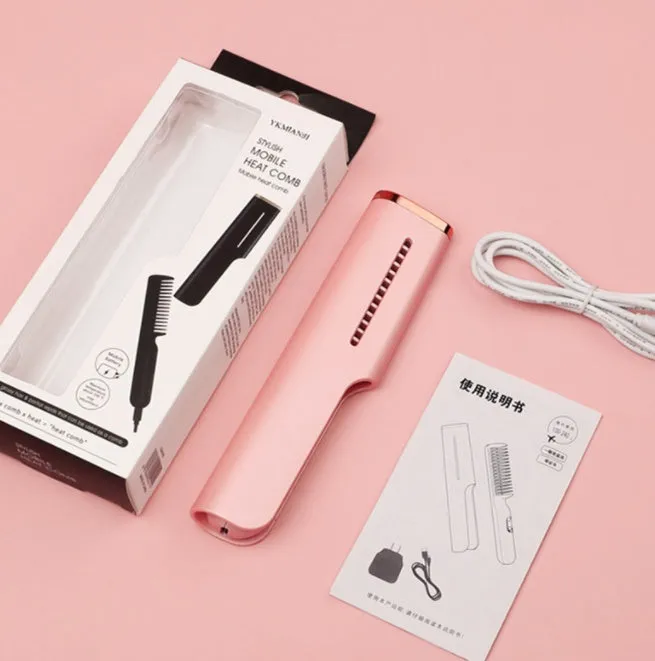 Wireless charging USB negative ion hair straightening comb with tourmaline ceramic heat conductor, 3D gradient green colour