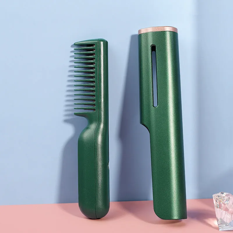 Wireless charging USB negative ion hair straightening comb with tourmaline ceramic heat conductor, 3D gradient green colour