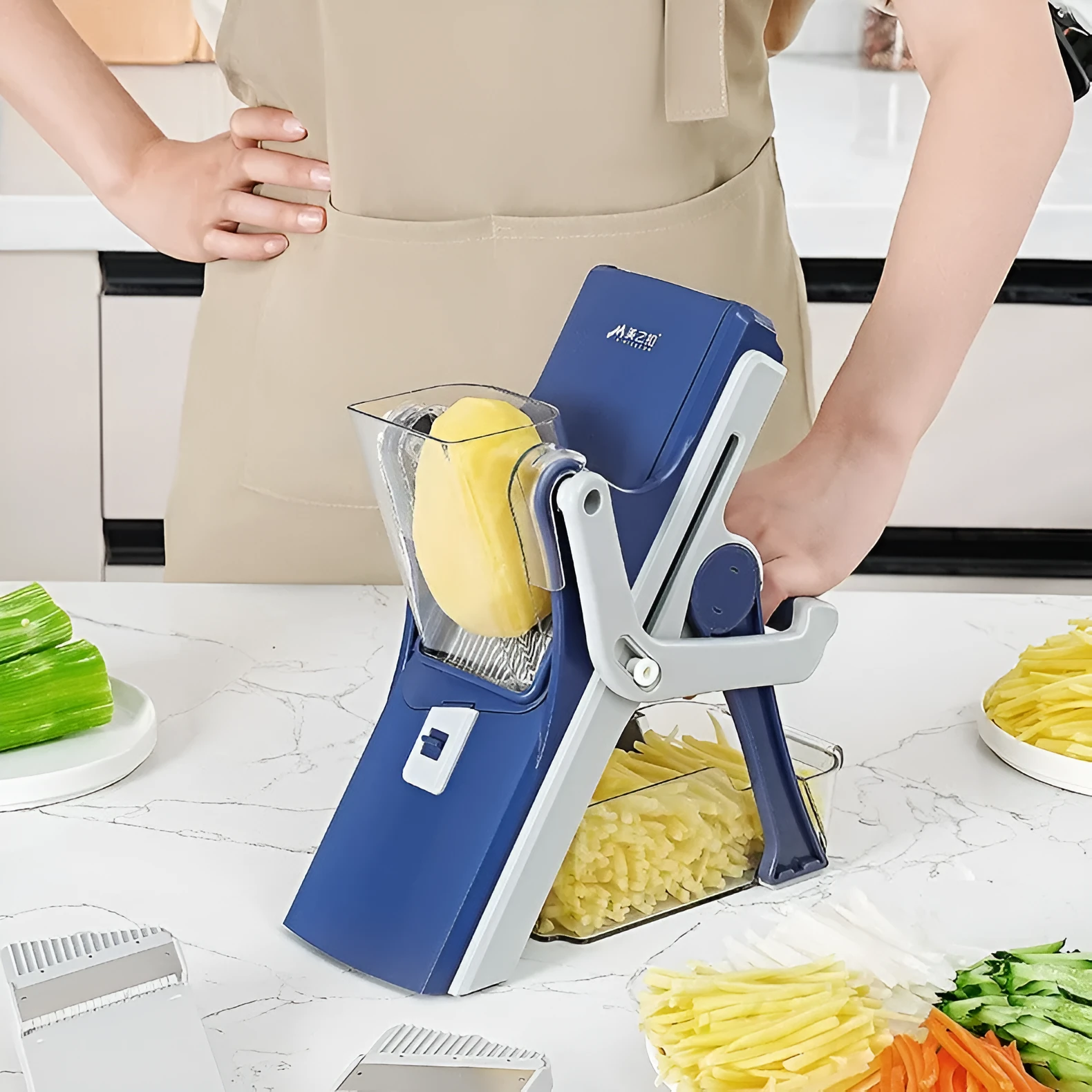 Purple vegetable chopper with stainless steel wire planer on kitchen counter