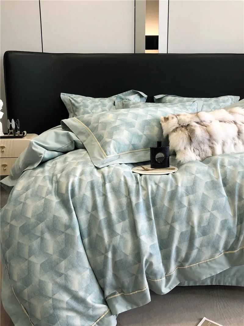 Long-staple cotton printed four-piece bedding set with geometric pattern, sanded fabric, digital print, European classical style