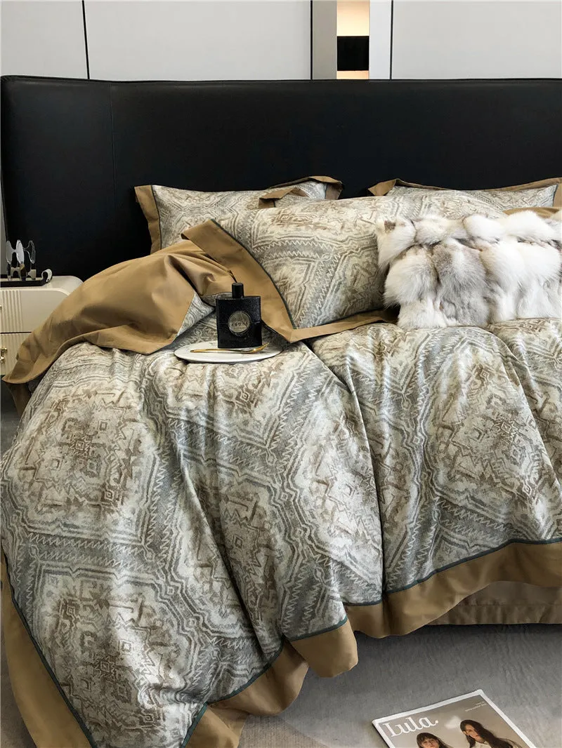 Long-staple cotton printed four-piece bedding set with geometric pattern, sanded fabric, digital print, European classical style