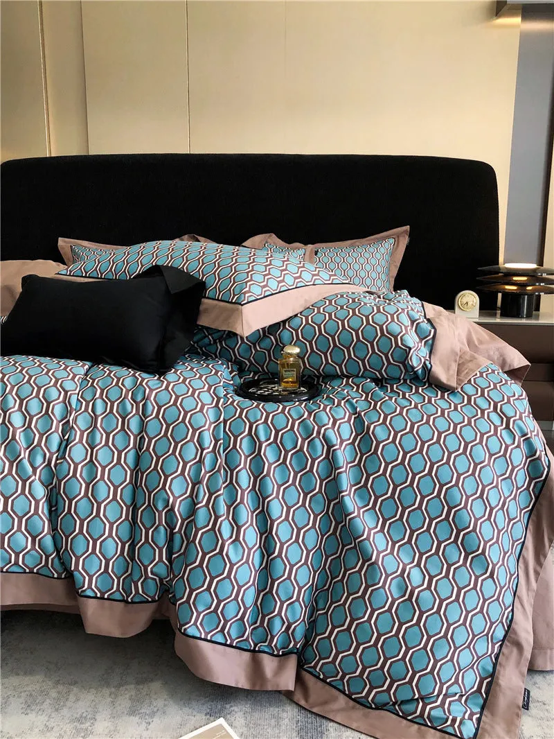 Long-staple cotton printed four-piece bedding set with geometric pattern, sanded fabric, digital print, European classical style