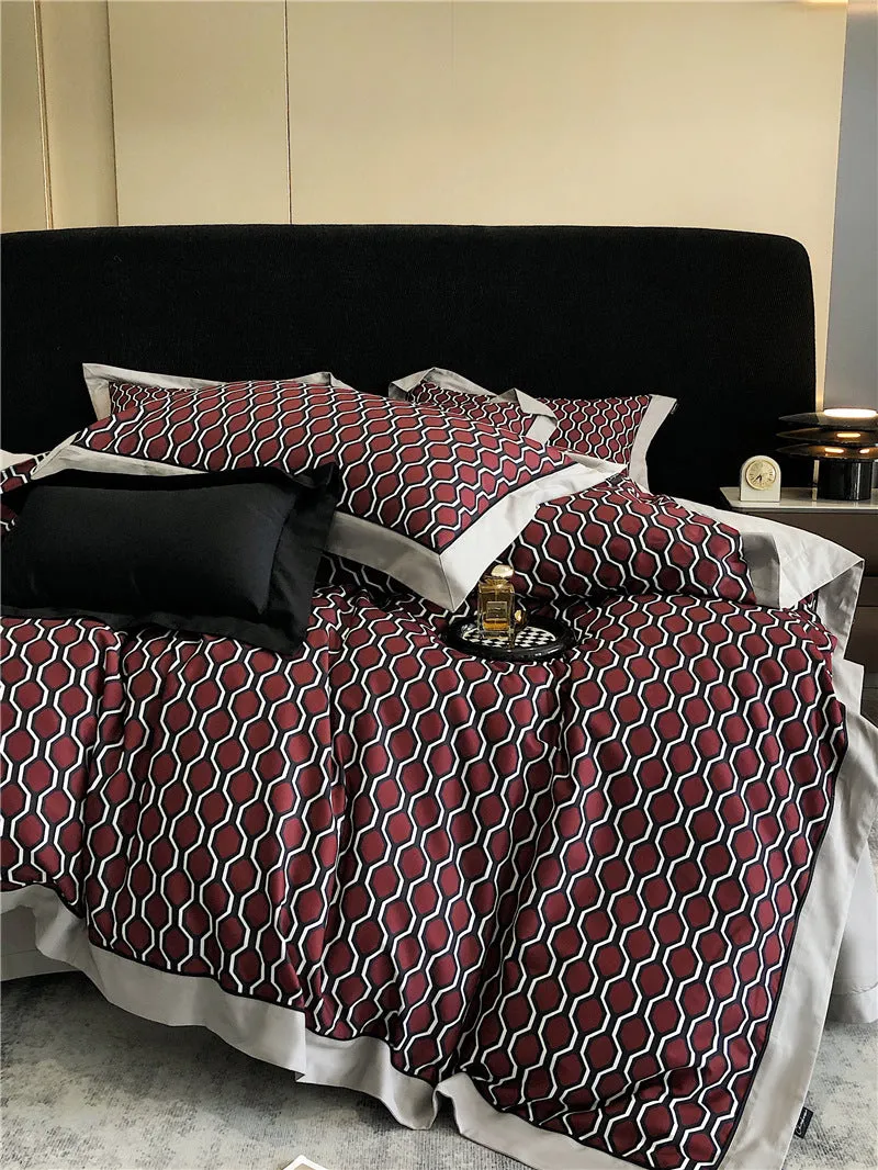 Long-staple cotton printed four-piece bedding set with geometric pattern, sanded fabric, digital print, European classical style