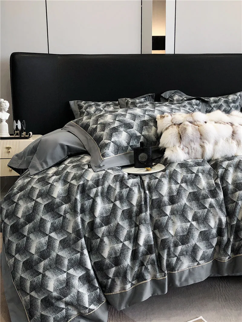Long-staple cotton printed four-piece bedding set with geometric pattern, sanded fabric, digital print, European classical style