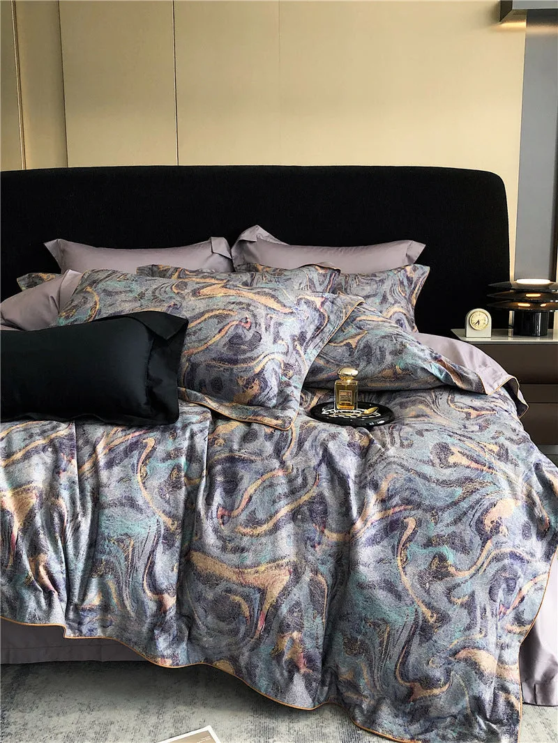 Long-staple cotton printed four-piece bedding set with geometric pattern, sanded fabric, digital print, European classical style
