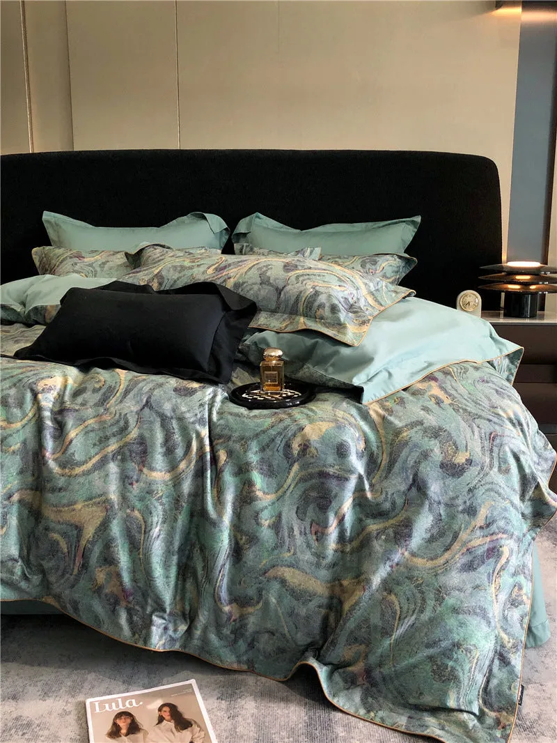 Long-staple cotton printed four-piece bedding set with geometric pattern, sanded fabric, digital print, European classical style