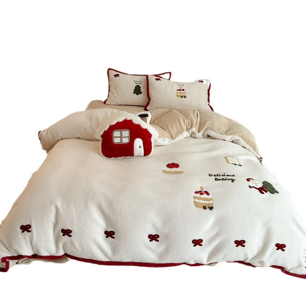 Winter Christmas cartoon cashmere bedding four-piece set shown on bed with duvet cover and pillowcases