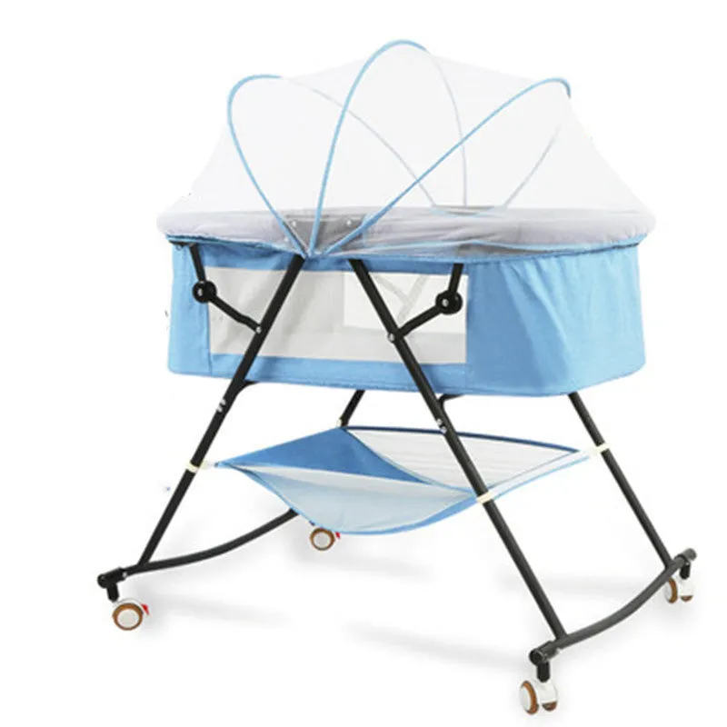 Foldable European style newborn crib with iron frame, shaker, roller, and mosquito net in a nursery setting