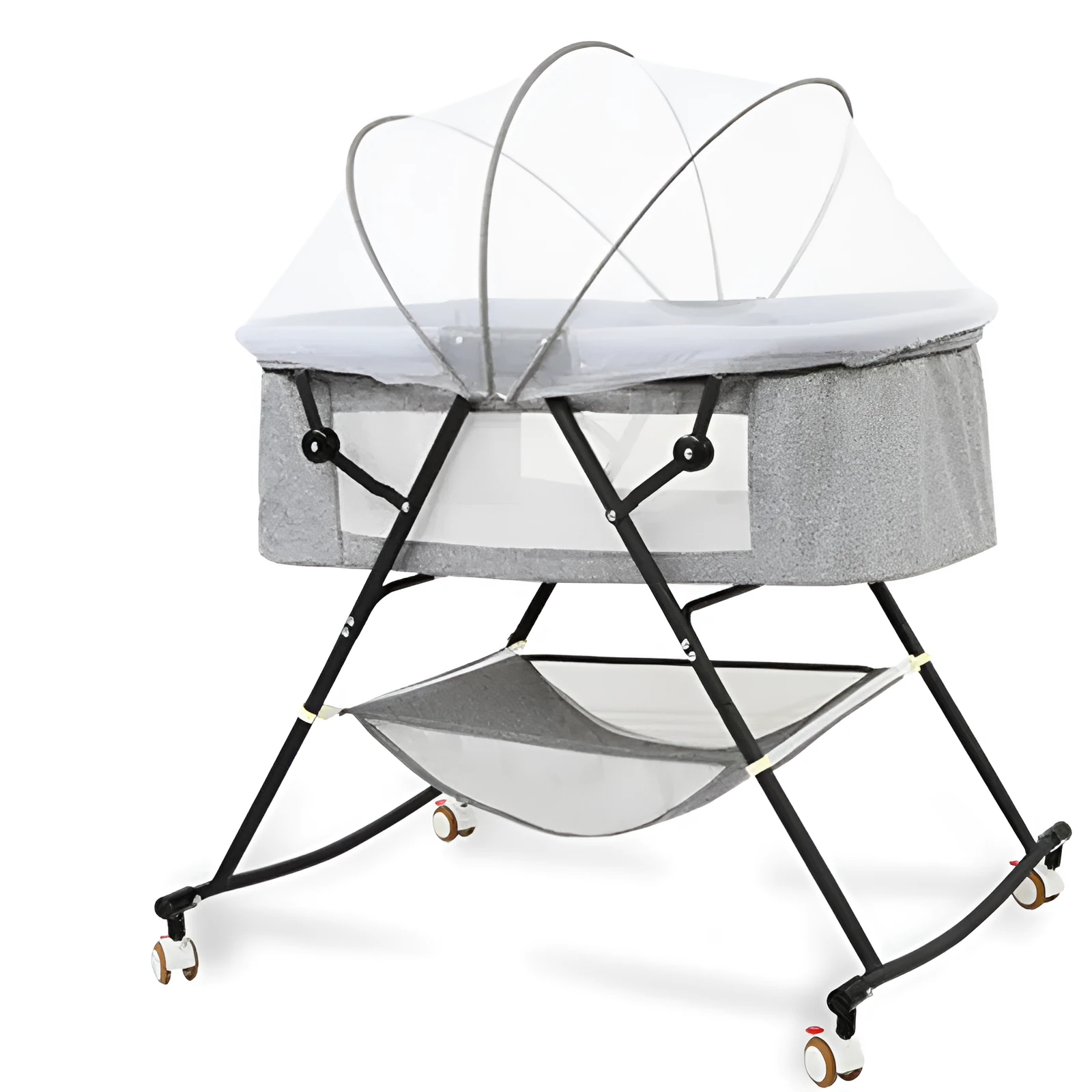 Foldable European style newborn crib with iron frame, shaker, roller, and mosquito net in a nursery setting