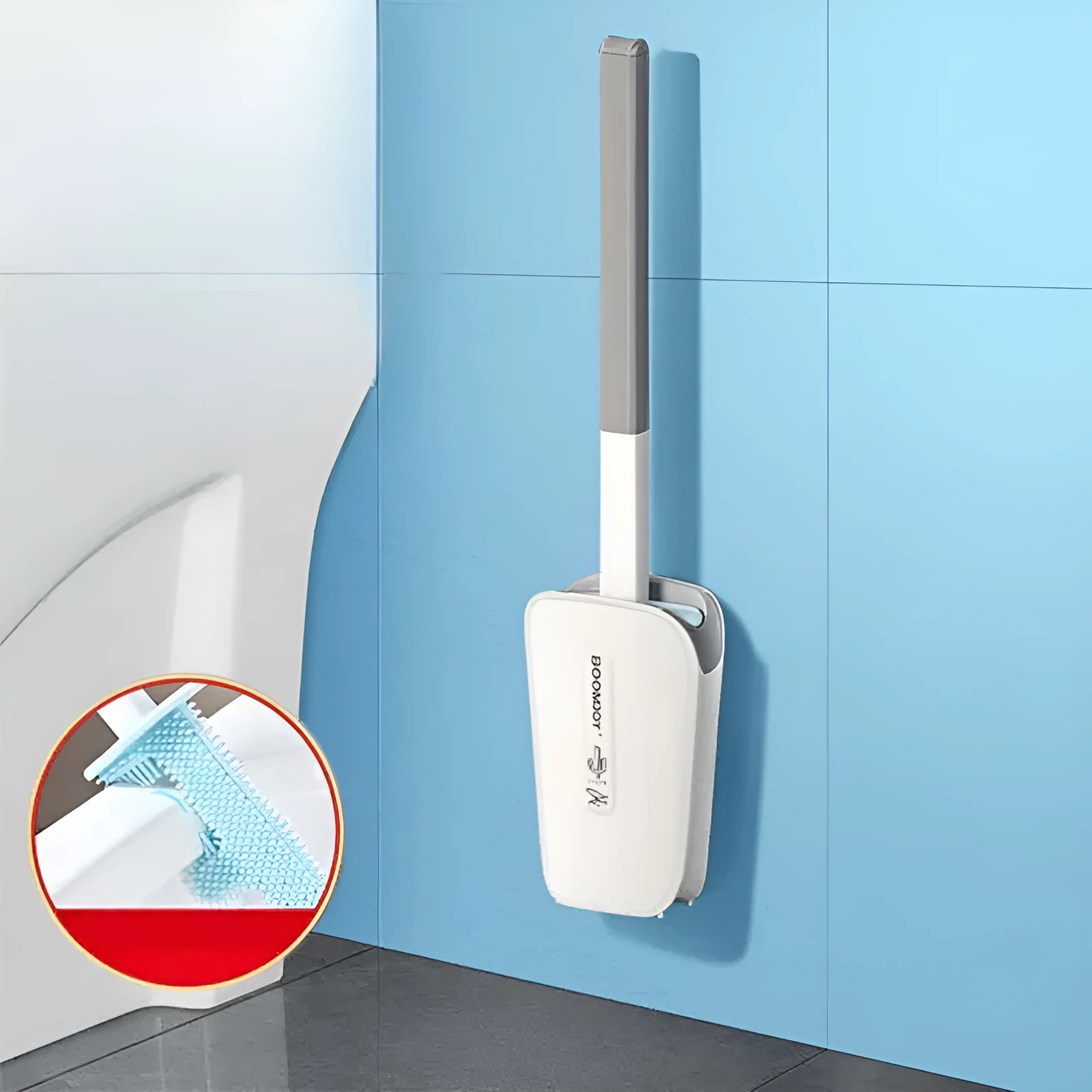 Toilet brush with TPR antibacterial head and wall-mounted bucket in blue, green, and white colours