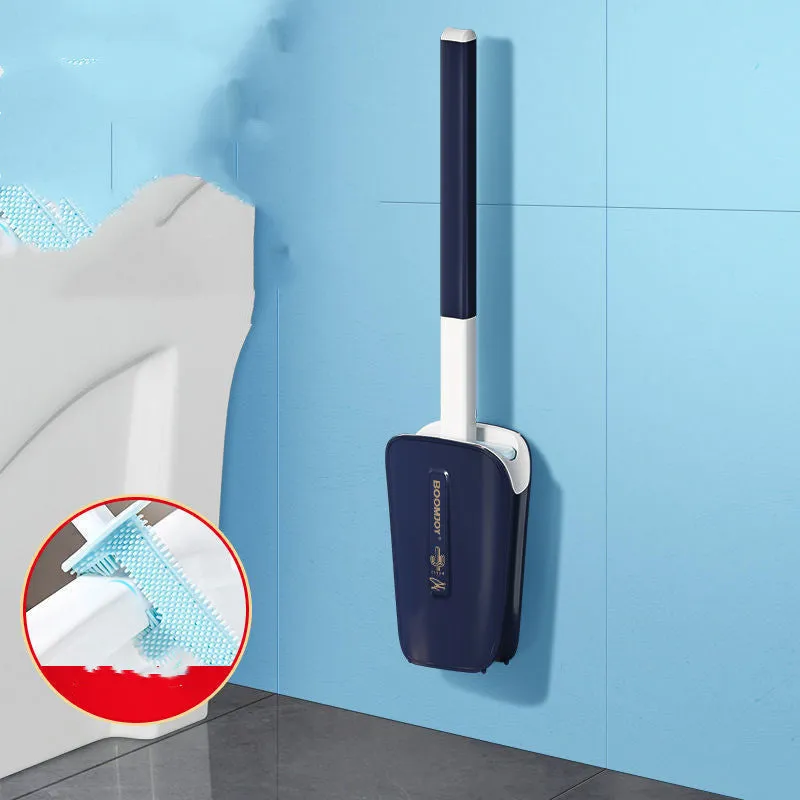 Toilet brush with TPR antibacterial head and wall-mounted bucket in blue, green, and white colours