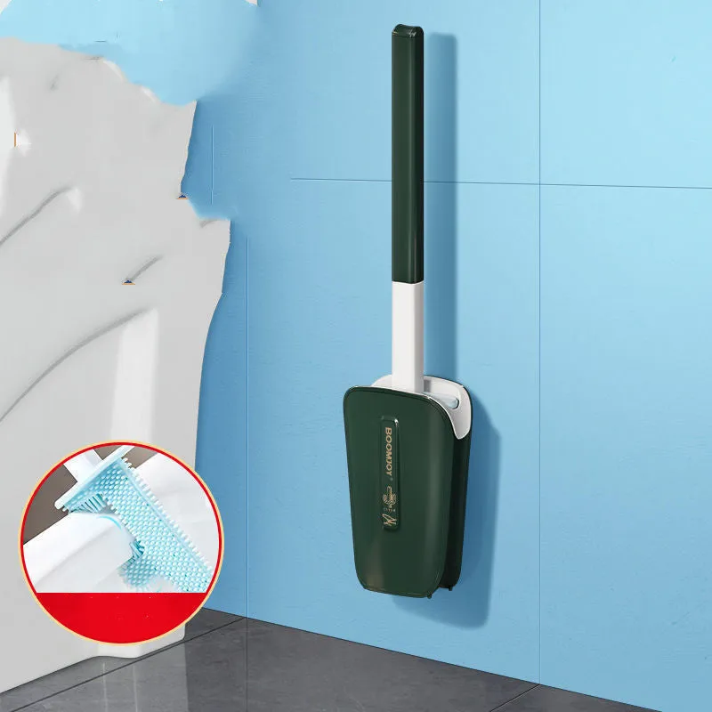 Toilet brush with TPR antibacterial head and wall-mounted bucket in blue, green, and white colours