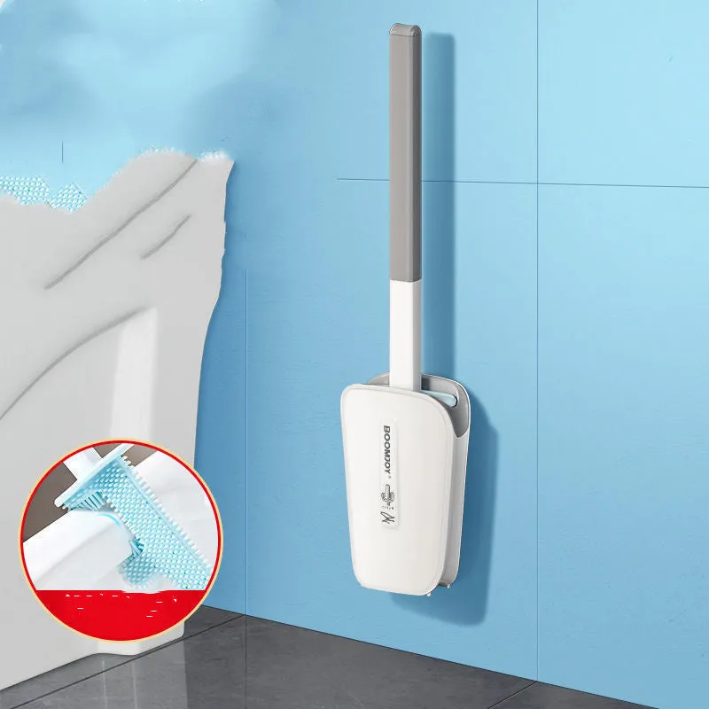 Toilet brush with TPR antibacterial head and wall-mounted bucket in blue, green, and white colours