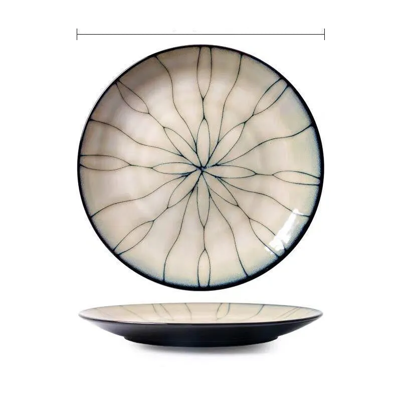 Japanese style porcelain round flat plate 21cm with underglaze colour art design