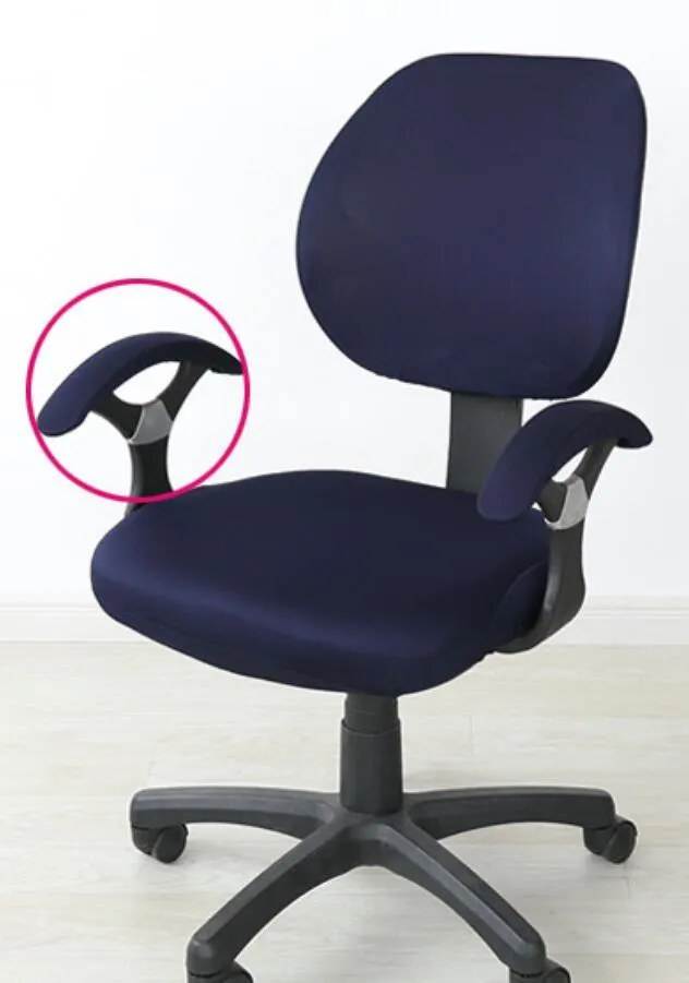 Stretchable polyester spandex office chair cover in Navy blue on a desk chair with armrest cover