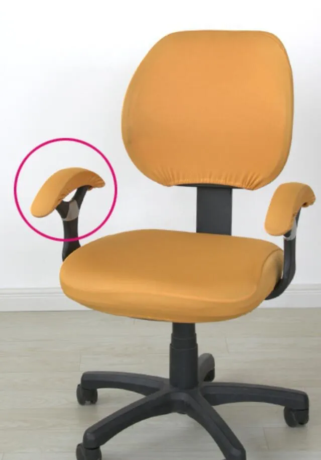 Stretchable polyester spandex office chair cover in Navy blue on a desk chair with armrest cover