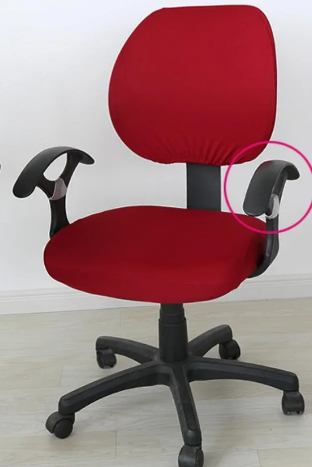 Stretchable polyester spandex office chair cover in Navy blue on a desk chair with armrest cover