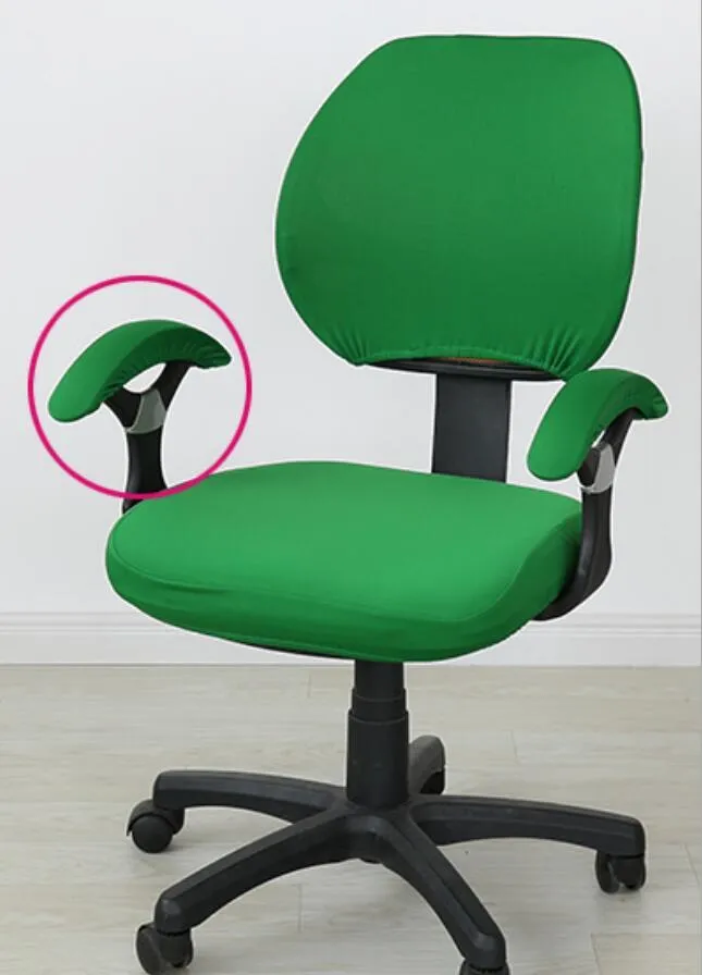Stretchable polyester spandex office chair cover in Navy blue on a desk chair with armrest cover