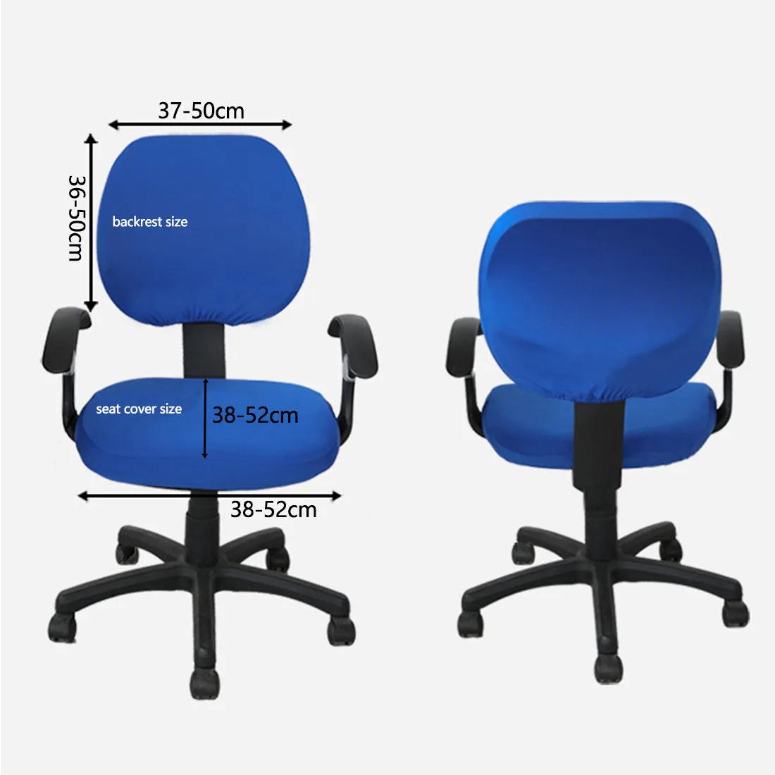 Stretchable polyester spandex office chair cover in Navy blue on a desk chair with armrest cover