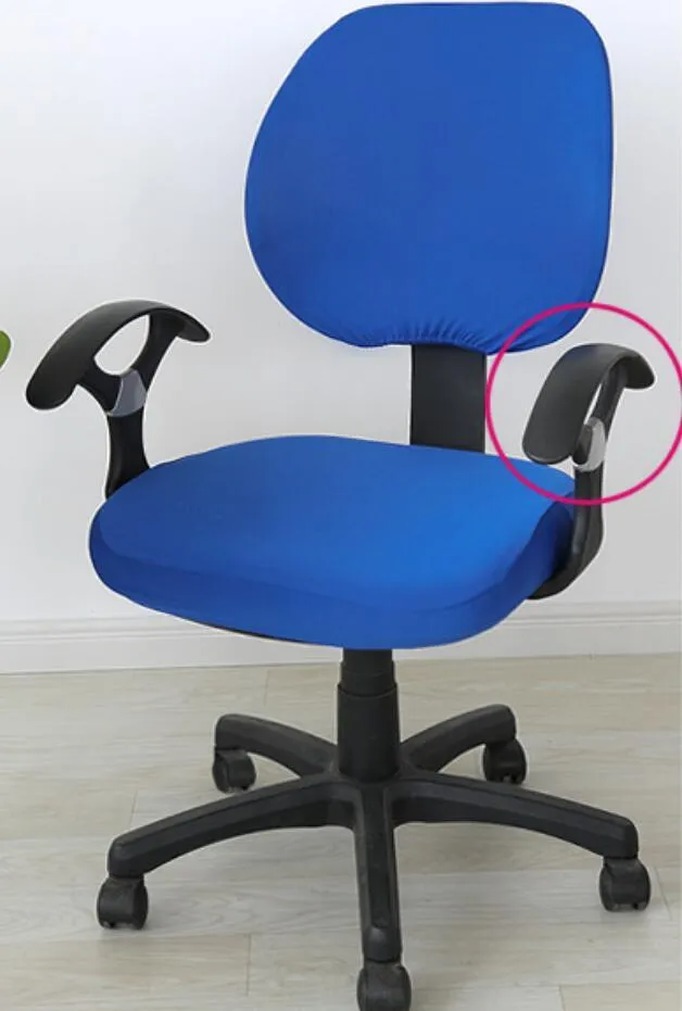 Stretchable polyester spandex office chair cover in Navy blue on a desk chair with armrest cover