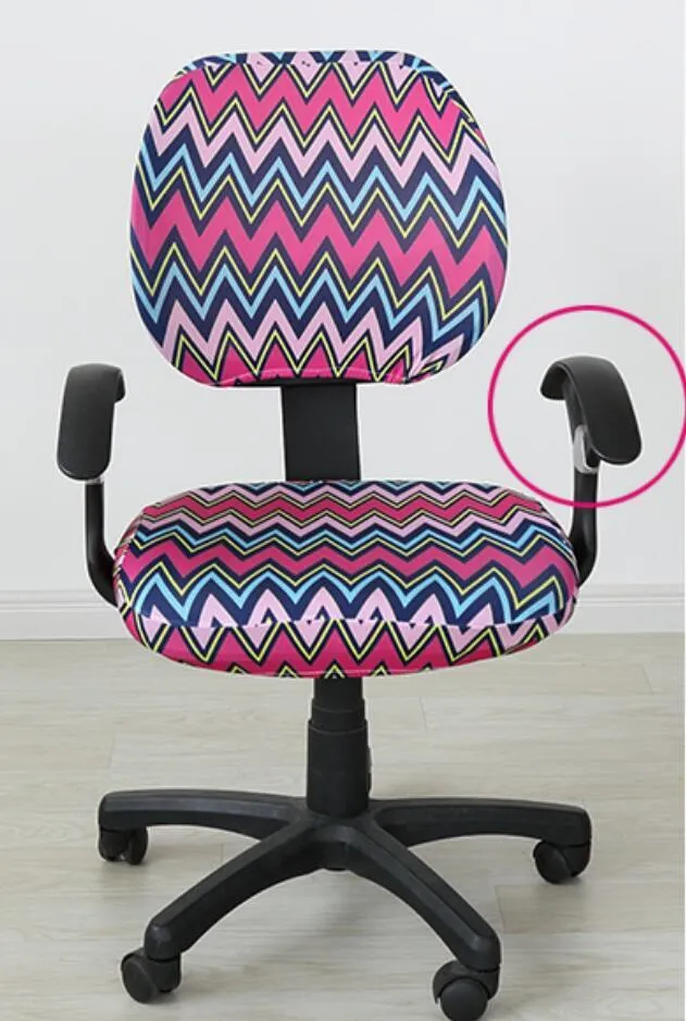 Stretchable polyester spandex office chair cover in Navy blue on a desk chair with armrest cover