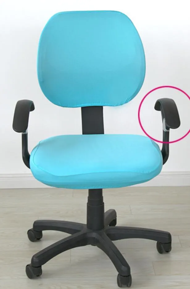 Stretchable polyester spandex office chair cover in Navy blue on a desk chair with armrest cover