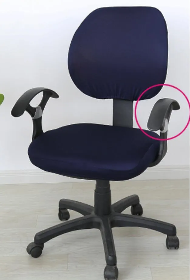 Stretchable polyester spandex office chair cover in Navy blue on a desk chair with armrest cover