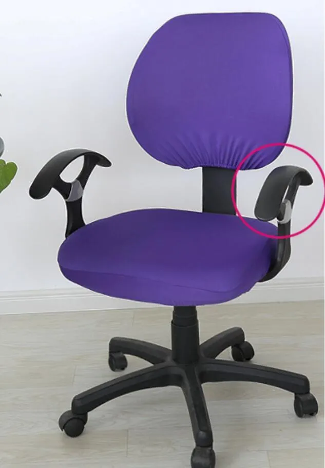 Stretchable polyester spandex office chair cover in Navy blue on a desk chair with armrest cover