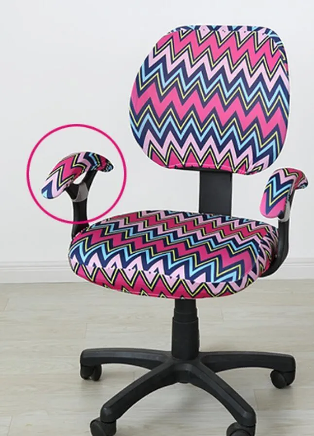 Stretchable polyester spandex office chair cover in Navy blue on a desk chair with armrest cover