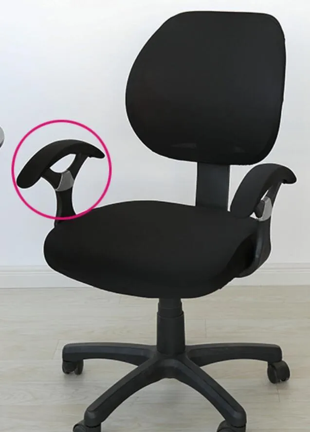 Stretchable polyester spandex office chair cover in Navy blue on a desk chair with armrest cover