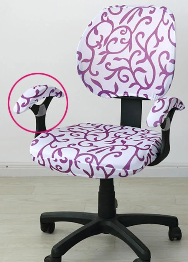 Stretchable polyester spandex office chair cover in Navy blue on a desk chair with armrest cover