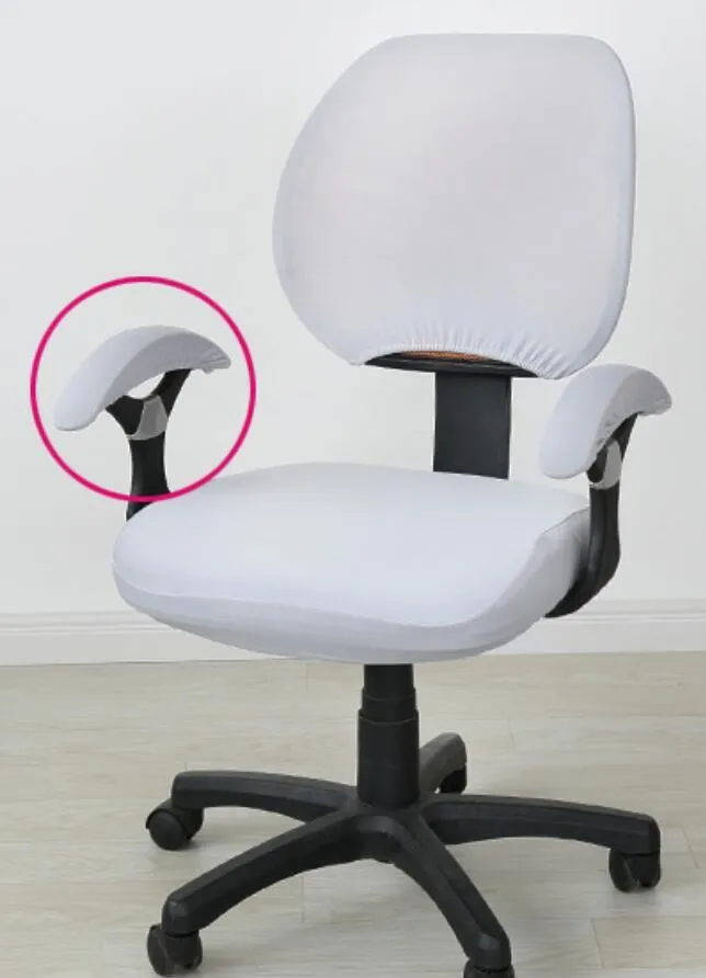 Stretchable polyester spandex office chair cover in Navy blue on a desk chair with armrest cover