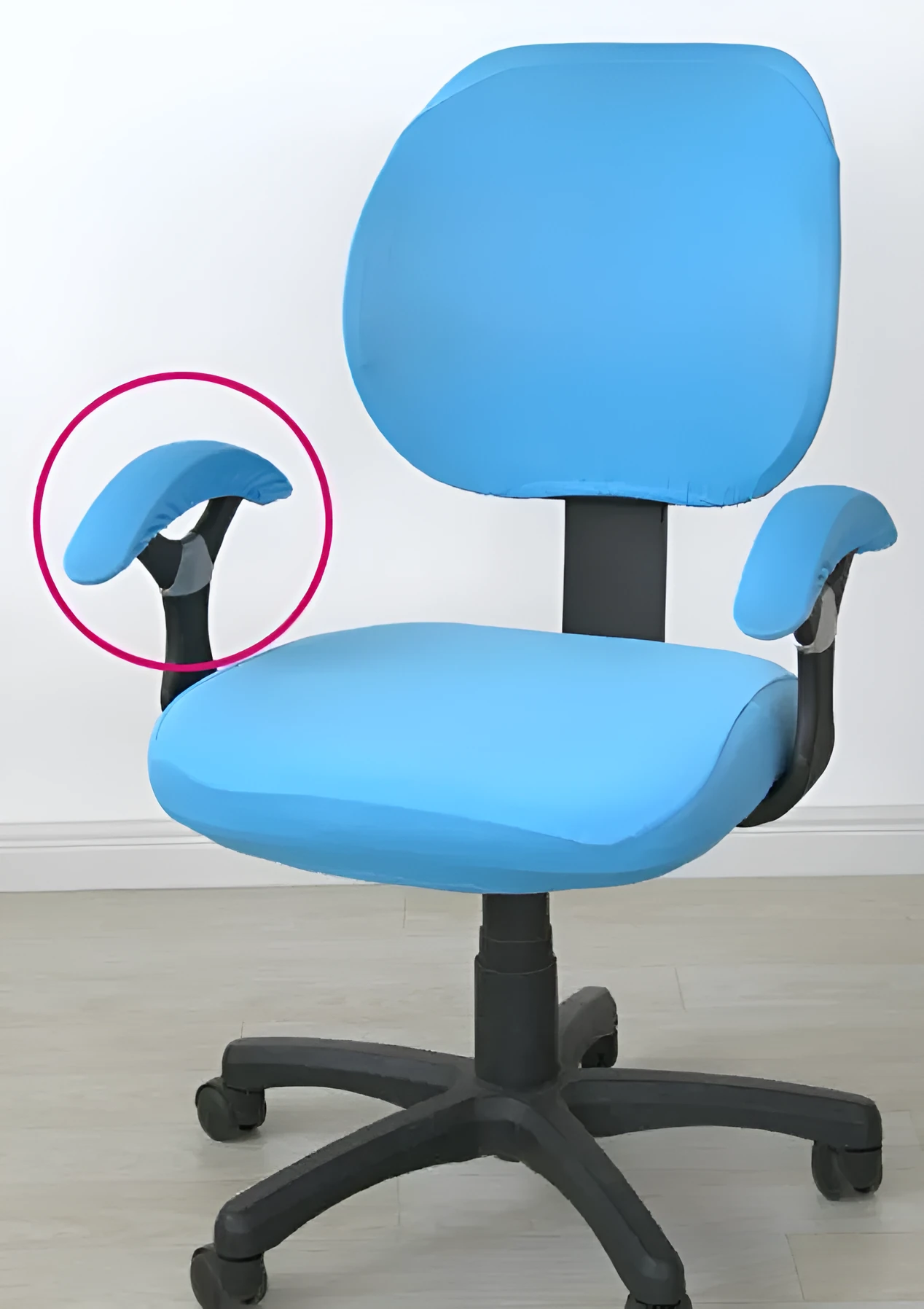Stretchable polyester spandex office chair cover in Navy blue on a desk chair with armrest cover